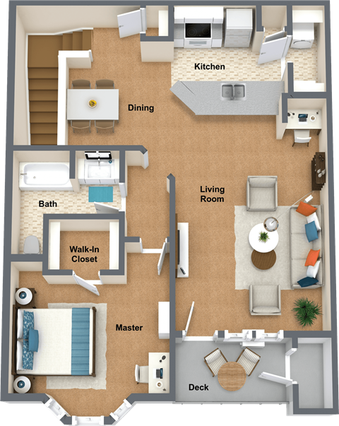 Floor plan for 1 bed, 1 bath, 979 sqft